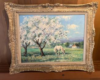 Original painting by Joseph Monk of a lovely spring pasture scene with a white horse