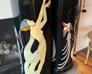Art Nouveau Black Lacquer Pedestals with dancing young ladies and vibrant phoenix birds. 