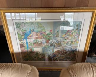 Limited Edition Artist Print by John Powell of a parrot in a lush garden patio