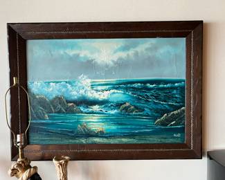 Original signed painting of an ocean shore with waves crashing