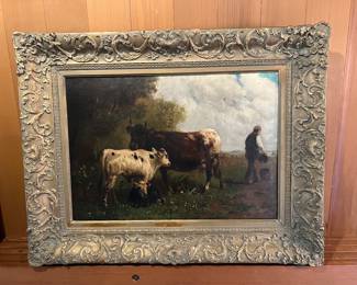 Original painting by Henry Schouten of a farmer and two cows