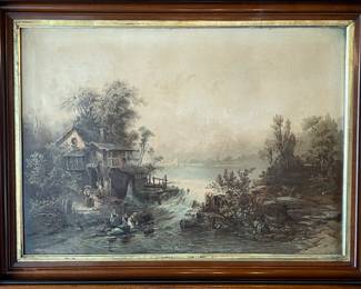 19th Century landscape painting of a lake and river scene by Franz Emil Krause