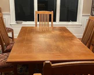 Ethan Allen Farmhouse Dining Table , 2 leaves, with 8 chairs (2 arm chairs, 6 side chairs