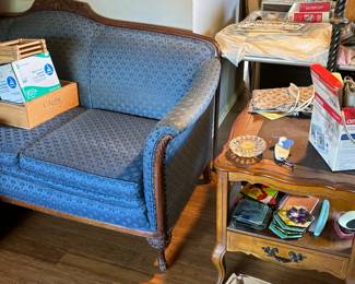 Matching upholstered sofa and wood side tables