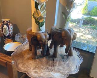 Pedestal table, floral theme vases and elephant foot stool