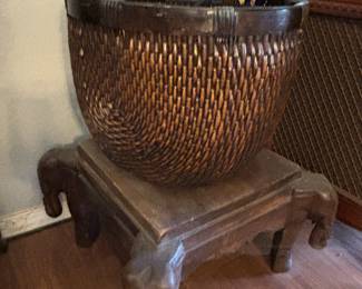 Vintage Chinese Market Basket and elephant carved foot rest