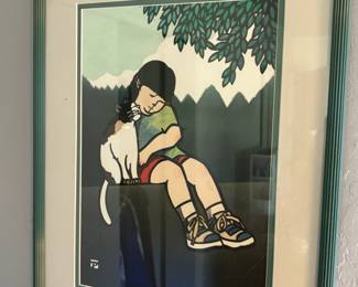 Vintage Linocut Print Girl and Cat