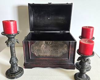 Ornate Wood Storage Box w/ Hinged Lid Plus Three Pillar Candle Holders with Palm Leaf Theme