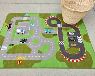  Child's Road/Race Track Play Mat Rug with Assorted Cars and Large Storage Basket for Toys