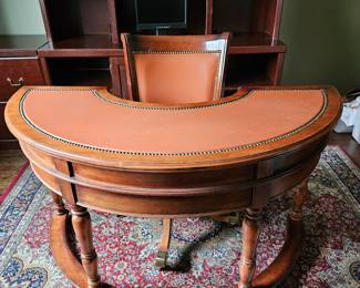  Half Moon Writing / Office Desk Mahogany with Leather Top Lined in Brass Studs w/ Matching Chair