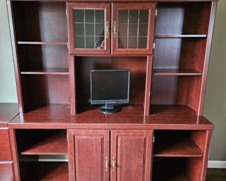 Office Storage and Bookshelf Unit in Dark Cherry Wood Tones 66"W x 21"D x 72"T