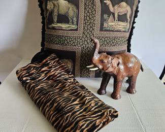 Soft Animal Print Throw Blanket Plus Large Tapestry Throw Pillow and Fun Elephant Figurine w/ Leather Feel