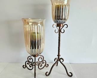 Two Beautiful Pillar Candle Holders on Wrought Iron Ornate Stands w/ Amber Colored Glass 