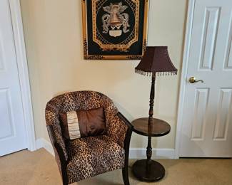 Decorative Safari Style Sitting Area Includes Armchair, Pillow, Floor Lamp & Wall Art