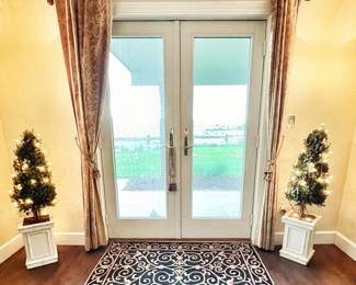Two pre-lit 44" artificial topiary trees in white planter boxes and 33x56 ornate area rug.