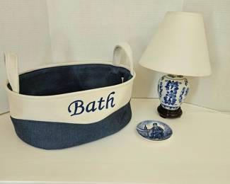 Blue & White Theme Bathroom Items! 14" Porcelain Lamp, Canvas Bath Basket & Porcelain Trinket Dish