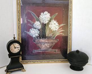 Wall Art Print Plus Unique Table Clock and Ornate Black Lidded Bowl with Gold Color Inside