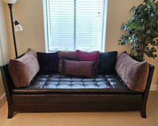 Pretty Daybed with Brown Faux Leather Upholstery and Wood Sleigh Bed Style Sides 84"L x 38"D&nbsp;