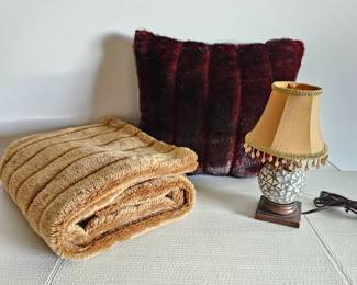 Beige Plush Throw Blanket Plus Faux Fur Throw Pillow and Small Decorative Mosaic Tile Table Lamp