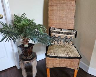 Tropical Rattan Style Chair and Decor Includes Tall Back chair, Tall Storage Basket & Faux Palm Plant 