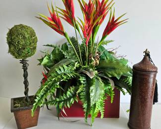 Dramatic Floral Arrangement in Red Leather Box Planter Plus Topiary & Leather Like Wine Bottle Tote