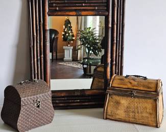 Bamboo Decor Lot Including Whimsical Bamboo Framed Wall Mirror 19" x 23" Plus Two Storage Boxes