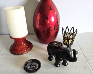  Assorted Decor - Red Vase and Pillar Candle Holder Plus Elephant Tea Light & More