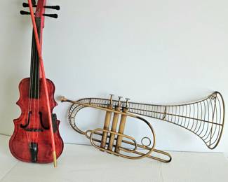 Set of Two Musical Instrument Wall decor - Red Wood Violin and Wire Tuba