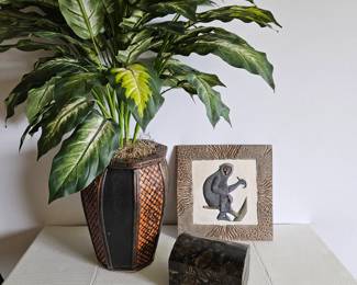 Rattan 14" Planter with Faux Plant - 12" Square Wall Tile w/ Monkey - Animal Skin Hinged Storage Box