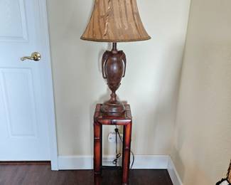 Set of Table and Table Lamp - Small Bamboo Square Table/Plant Stand Plus Elephant Motif Metal Lamp