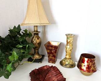  Lot of Gold & Burgundy Colored Decor - Table Lamp, Painted Glass Vases, Candle Holder & More