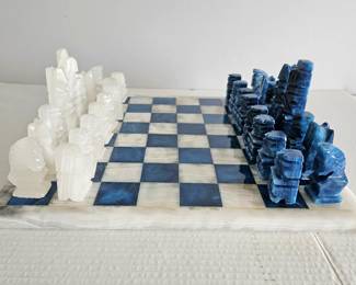  Fun Solid Stone Chess Set with Carved Blue and White Players Also in Stone 14.5 x 14.5