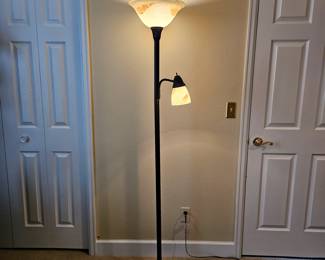 Beautiful Quality Heavy 6ft Tall Wrought Iron Floor Lamp with Two Frosted Glass Shades - Dark Bronze Tone