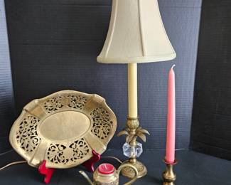 Lot of Decorative Brass Items - Footed Bowl, Table Lamp, Taper Candle Holder & More 