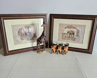  Two Safari Style Wall Art Pieces 17" x 14" Plus Carved Wood Giraffe (Pier One) and Three Wood Elephants 