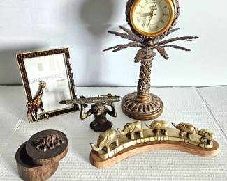 Assorted Safari Themed Desk Top Items - Table Clock, Monkey Pen Holder, Giraffe Frame, Wood Paper Clip Box