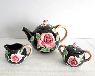 Vintage Fitz and Floyd Teapot Set Creamer & Sugar Black Midnight Rose