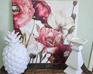 Wall Art Stretched Canvas Plus Two White Ceramic Decor Items - Pineapple & Pillar Candle Holder 