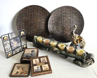 Lot of Elephant Theme Decor! Coasters, Picture Frame, Candle Holder & Two Animal Skin Chargers