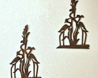 Two Pieces of Heavy Iron Wall Art - Each Show Two Cranes - 19" Tall x 11"W
