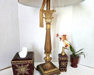 34" Table Lamp w/ Gold Shade Plus Bathroom Tissue and Soap Dispensers - Gold on Burgundy