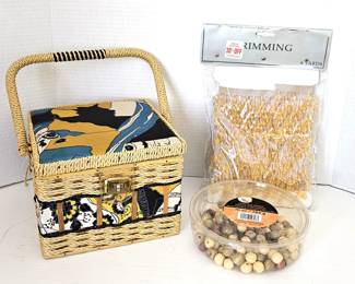 Craft Lover's Lot!  Cute Little Square Sewing Box Plus Wood Craft Beads & Beaded Trim (6 yards)