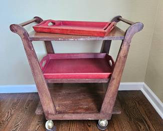 Antique Wooden Tea Cart w/ Three Levels, On Wheels - Includes Three Red Serving Trays