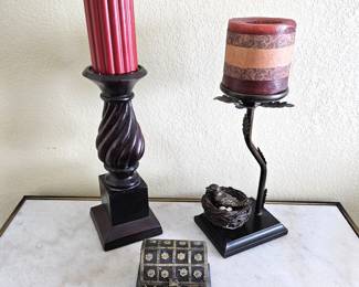  Lovely Pillar Candle Holder w/ Bird's Nest at Base - Plus Small Wood Treasure Box Storage & Candle Holder