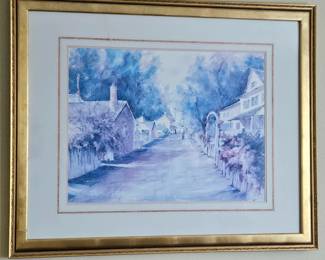 Wall Art Pastel Watercolor (Print) Shows Tranquil Village Street Scene in Gold Frame 44" x 36"