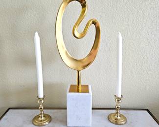  Contemporary Art Piece 21" Tall Gold Sculpture on White Marble Block - Plus Two Brass Taper Candle Holders 