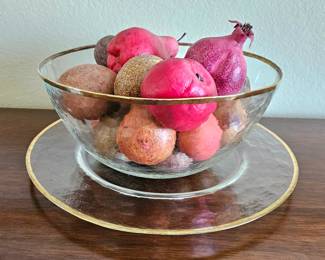  Large Glass Centerpiece Bowl w/ Gold Rim - Matching Plate Underneath - Faux Fruit 