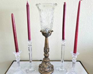 Very Pretty Table Lamp w/ Cut Crystal Shade and Gold Base - Plus Four Crystal Candle Stick Holders