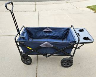Fold Away Wagon on Wheels w/ Dark Blue Canvas Material, Optional Tray with Cup Holders Plus Front Cup Holders