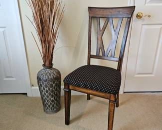 Sturdy Vintage Wooden Chair w/ Upholstered Seat Plus Pretty 20" Tall Ceramic Planter with Dried Floral
